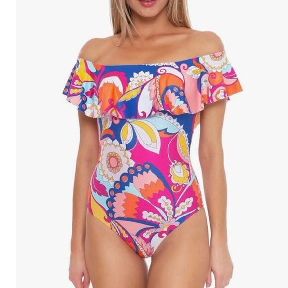 Trina Turk Sevilla Ruffle Off the Shoulder Once Piece Swim Suit Colorful Size 14 - Picture 1 of 12